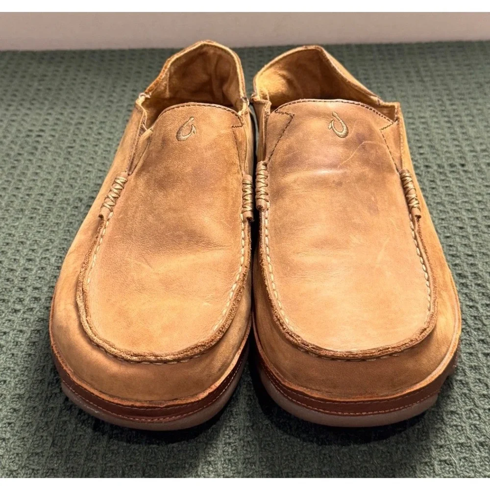 OluKai Moloa Mens Leather Slip On Loafers Ray Toffee Size 10